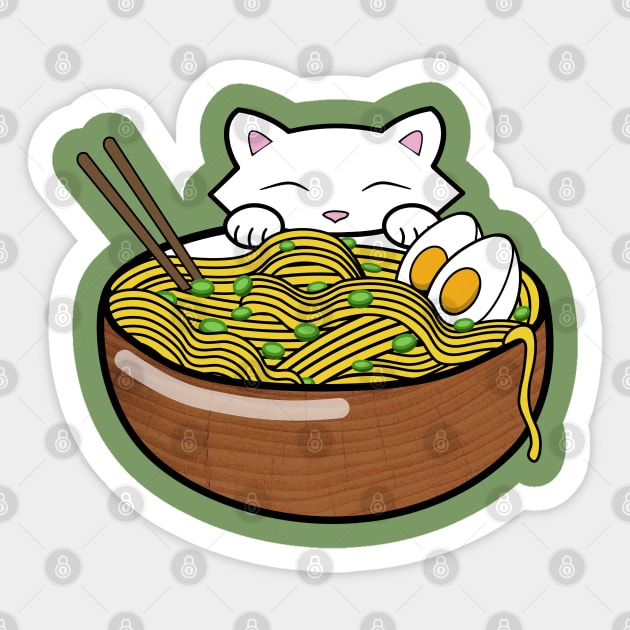 Cute cat eating ramen noodles from a wooden bowl Sticker by Purrfect